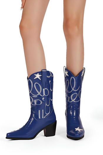 chic stylish pu leather embroidery 3 colors pointed toe chunky heel boots