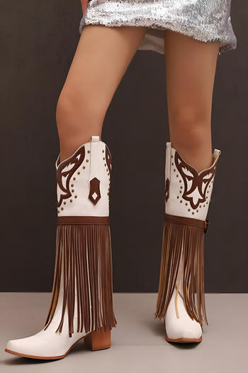 chic stylish pu leather tassel rivet chunky heel cowgirl boots