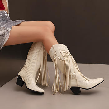 chic retro pu leather embroidery tassel chunky heel boots