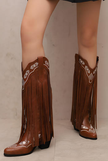 chic retro pu leather 3 colors embroidery tassel chunky heel boots