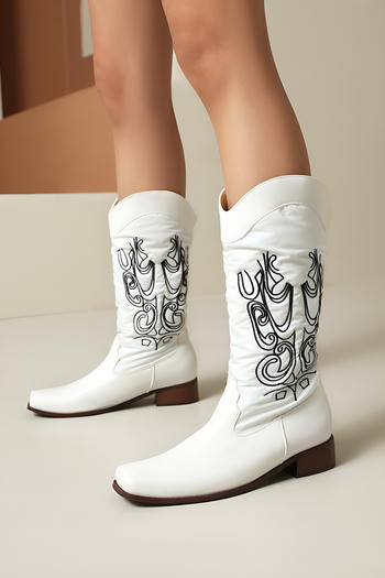 chic stylish pu leather 3 colors embroidery square toe chunky low heel boots