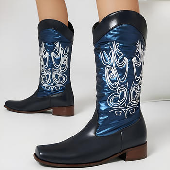 chic stylish pu leather embroidery square toe chunky low heel boots