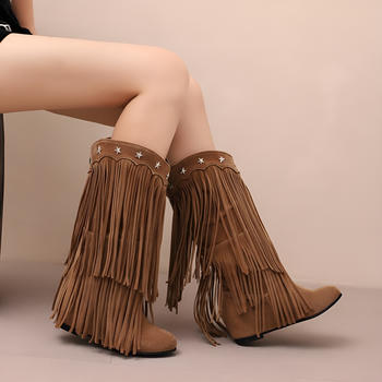 chic stylish suede tassel metal five-pointed star boots