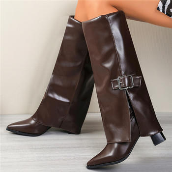 chic two colors pu leather pointed toe chunky high heel boots