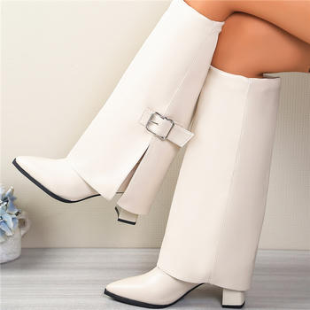 chic pu leather pointed toe chunky high heel boots
