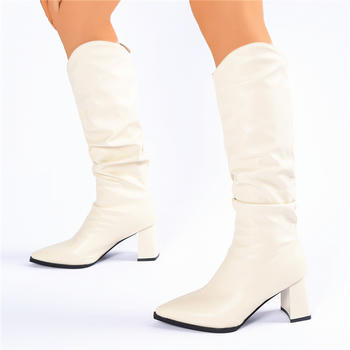 chic pu leather pointed toe ruched chunky heel boots