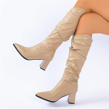 chic two colors pu leather pointed toe ruched chunky heel boots