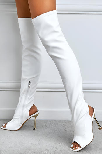 chic pu leather square toe hollow over knee high-tube high-heel sandals boots