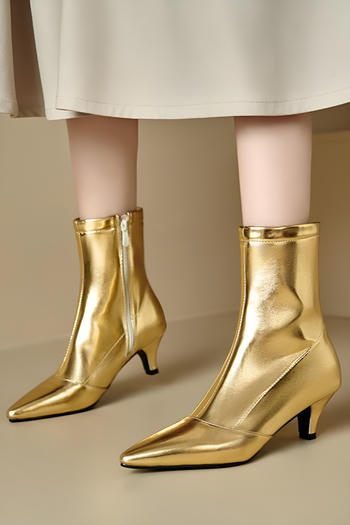 chic 4 colors gloss pu leather pointed toe midi heel boots