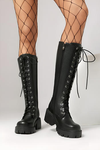 stylish pu leather solid colour strappy high-tube chunky heel boots