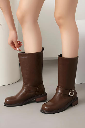 stylish pu leather chunky heel cowgirl boots