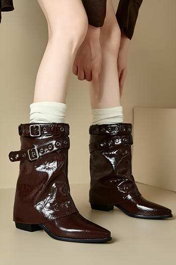 chic gloss pu leather pointed toe chunky heel cowgirl boots