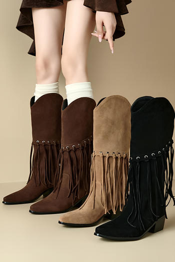 chic 3 colors suede upper tassel pointed toe chunky heel boots