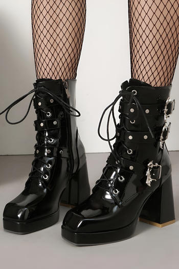 chic gloss pu leather chunky high-heel strappy martin boots