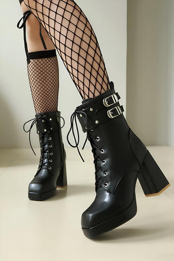 chic pure colour pu leather chunky high heel strappy boots