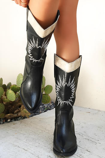 chic 3 colors pu leather embroidery pointed toe chunky heel boots