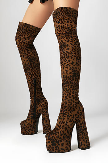 chic leopard suede upper high-tube over knee chunky high-heel boots
