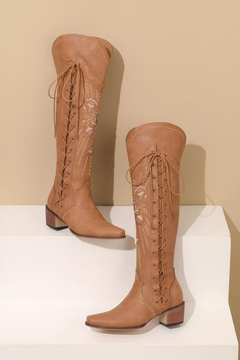 chic retro 3 colors pu leather embroidery high-tube chunky heel boots