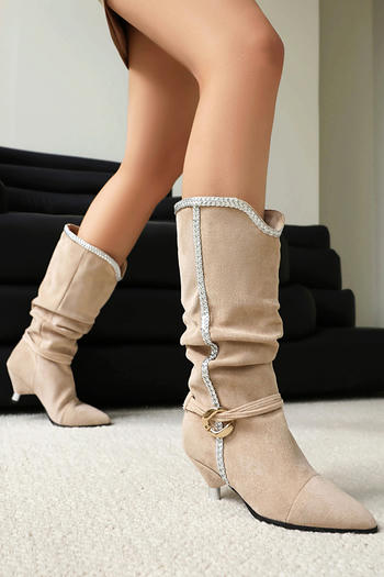 chic suede upper pointed toe metal decor midi-heel boots
