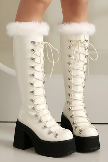 chic pu leather chunky high heel high-tube strappy boots
