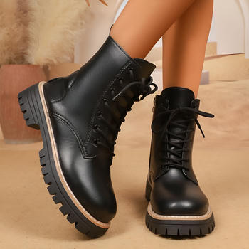 stylish retro pu leather thick bottoms with velvet lined strappy boots