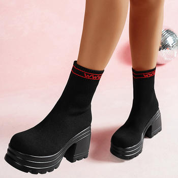 stylish knitted upper chunky heel one-step boots