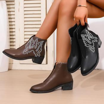 stylish retro pu leather embroidery chunky heel pointed toe boots