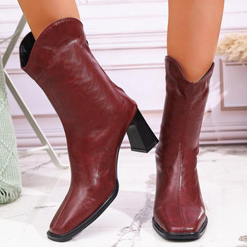 stylish retro pu upper square toe zip-up back chunky high-heel boots