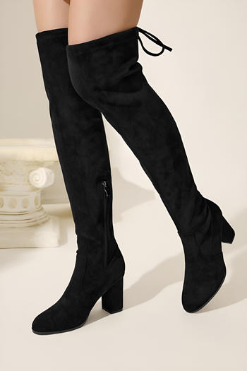 chic suede solid colour high-tube over knee zip-up side chunky high-heel boots