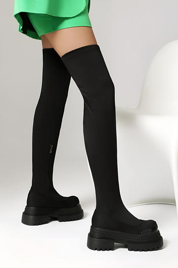 chic stylish pu leather stitching square toe high-tube chunky heel boots