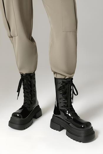 stylish gloss pu leather chunky heel strappy martin boots