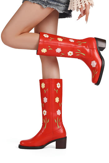 chic 3 colors pu leather flower embroidered chunky heel cowgirl boots