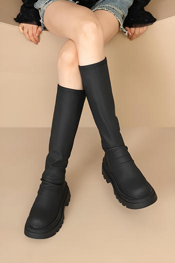 stylish pu leather thick bottom high-tube boots
