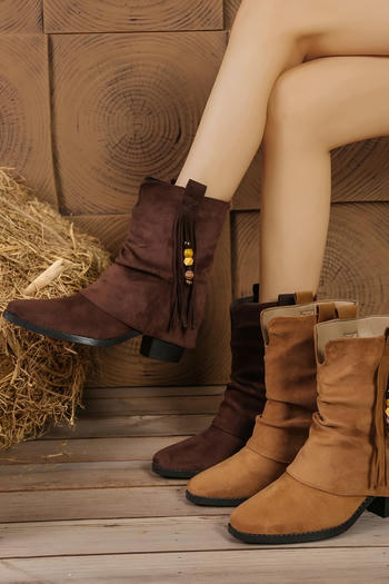 retro stylish suede upper tassel beading chunky heel boots