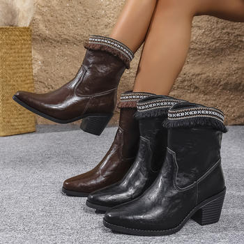 retro stylish pu leather pointed toe tassel chunky heel boots