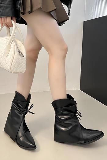 chic pu leather pointed toe lace-up chunky heel cowgirl boots