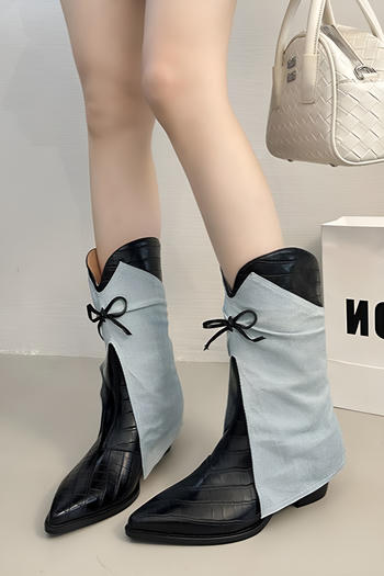 chic denim pu leather stitching pointed toe lace-up chunky heel cowgirl boots