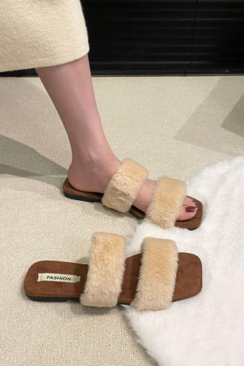 stylish furry upper 3 colors square toe flat slippers