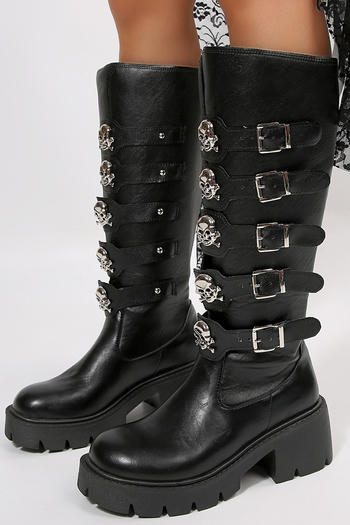 stylish pu leather metallic skull decor chunky heel boots