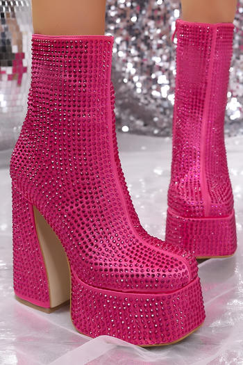 chic rhinestone decor square toe zip-up side chunky high-heel boots
