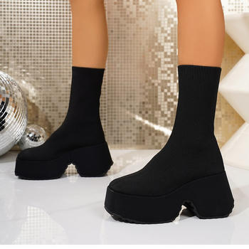 chic breathable knitted upper chunky high-heel boots