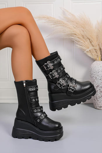 chic pu leather metal decor zip-up side wedge heel boots