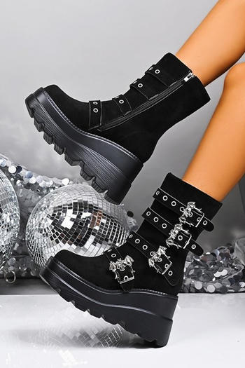 chic suede upper metal decor zip-up side wedge heel boots