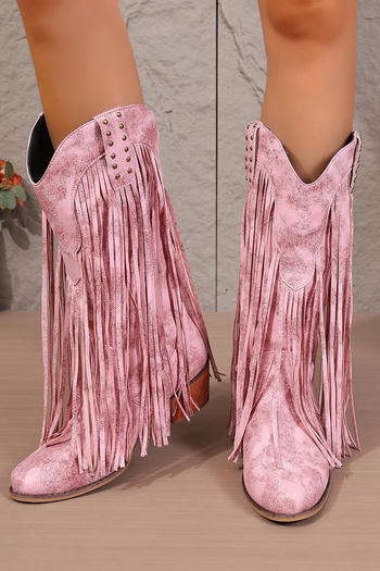 chic suede upper rivet tassel pointed toe chunky heel cowgirl boots
