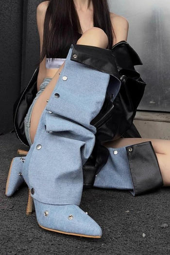 chic denim upper pointed toe rivet high-heel boots
