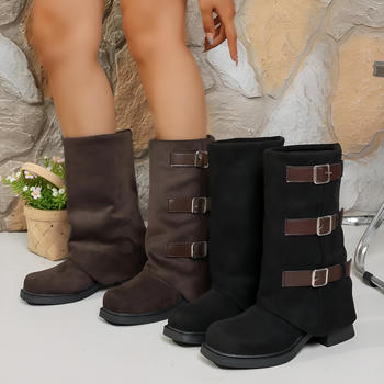 retro stylish suede upper chunky heel boots