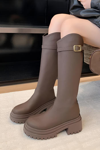 chic pu leather high-tube zip-up back chunky heel boots