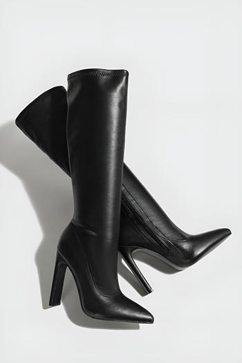 Chic pu leather solid colour pointed toe high-heel boots
