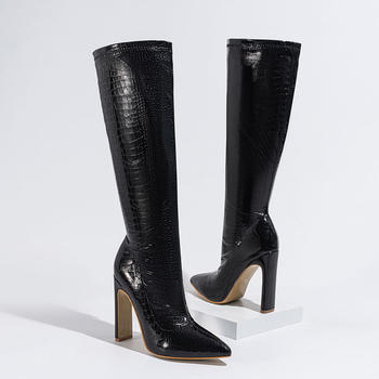 Chic pu leather 3 colors pointed toe chunky high-heel boots