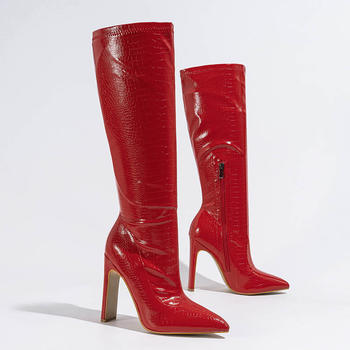 Chic pu leather 3 colors pointed toe chunky high-heel boots